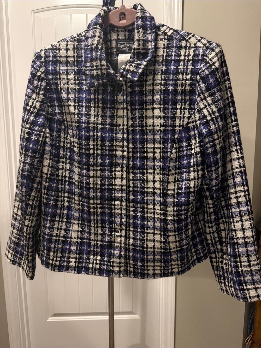 Southern Lady Blue & White Plaid Tweed Blazer